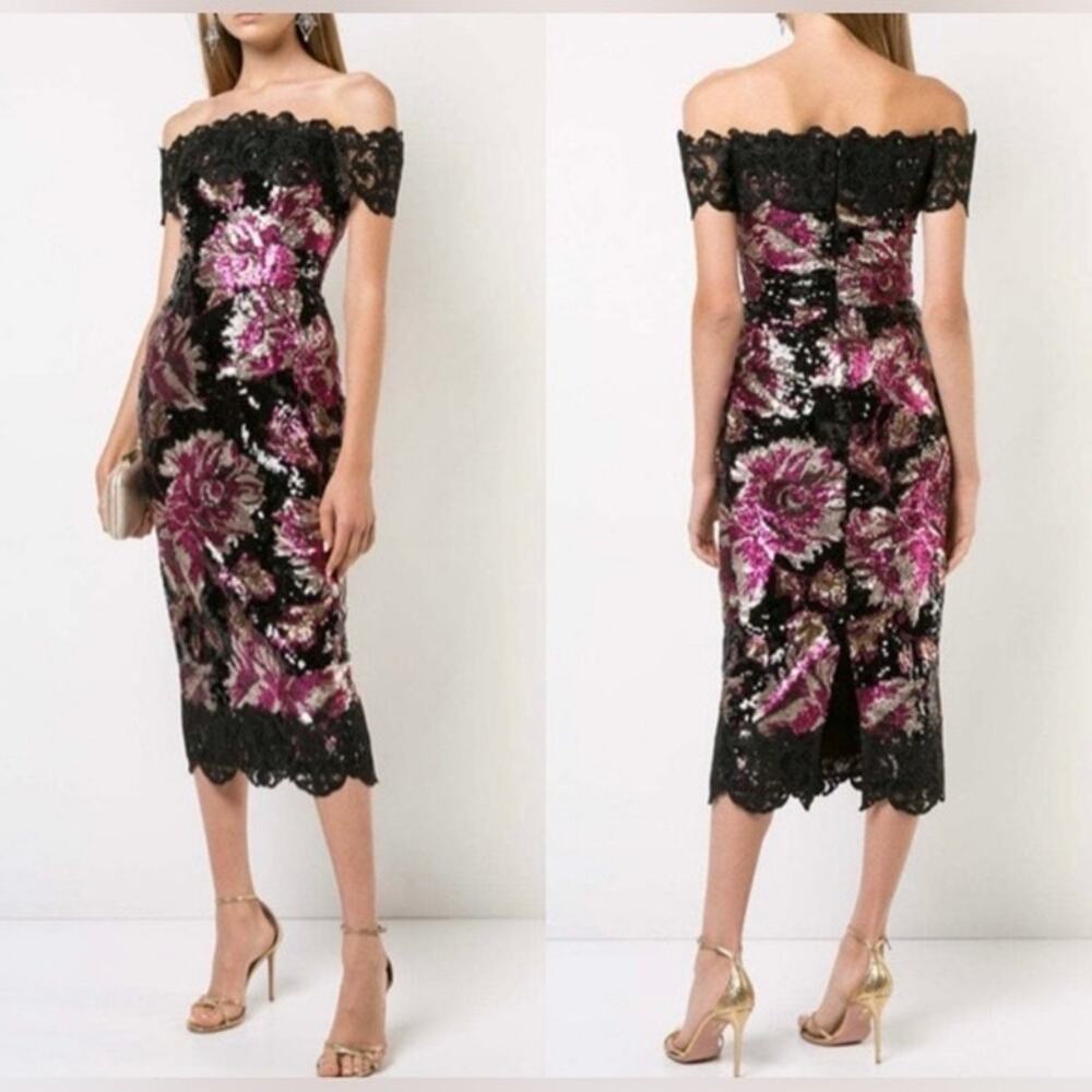 Marchesa Notte Size 6 Fuchsia Floral Sequin Sheath Cocktail Dress off shoulder